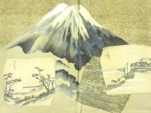 アンティーク　色紙に風景・富士模様肩裏手織り紬男物羽織
